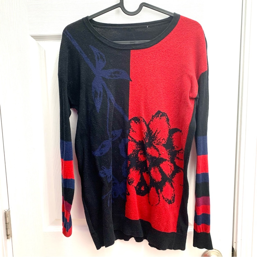 BCBGeneration 100% Cotton Red and Black Floral Sweater